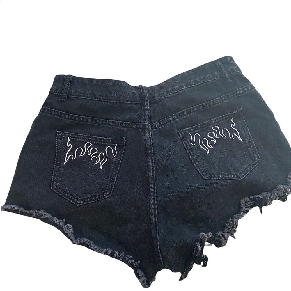 White Flame Embroidered Black Jean Shorts Shein Size Large